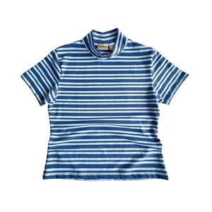 Crossroads Blue White Striped Mock Neck Short Sleeve Top Women Large Stretch